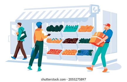 Different People Making Shopping In Grocery Store Front With Window And Door. Wooden And Brick Facade. Small European Style Shop Exterior With Wooden Boxes Of Fruits And Vegatables.  Flat Vector Illus