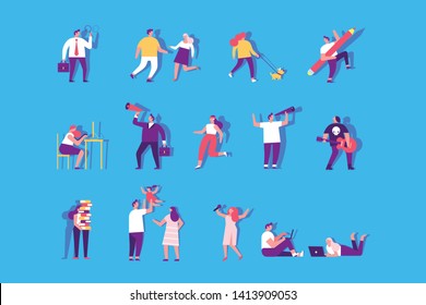 Different people.  Male and female. Flat vector characters isolated on blue background.