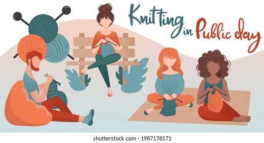 Different people man and woman  knits at park sitting on bench or on grass. World wide Knit in public place day. Hobby time. Vector cute flat cartoon illustration.  Handmade concept. 