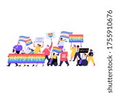 Different people marching on the pride parade holding placards and flags. Pride month concept