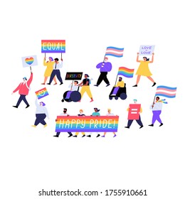 Different people marching on the pride parade holding placards and flags. Pride month concept