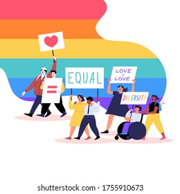 Different People Marching On The Pride Parade Holding Placards And Flags. Pride Month Concept