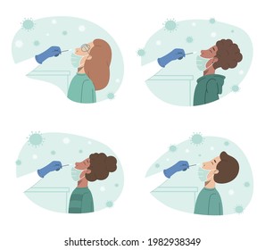 Different people in medical face mask taking coronavirus test with nasal swab probe in hospital laboratory set. Patient receiving a Covid-19 test. Vector flat  illustration of coronavirus diagnostics.