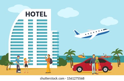 Different people men, woman, couple came for summer rest, beach vacation and water activity by aircraft and car vector illustration. Tourists makes photos in front of hotel building near sea.