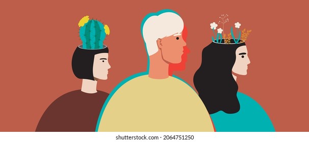 Different people, mental issues, an inclusive community. Flat vector stock illustration. Community of people, mental disabled. Cactus, a flower from the head. Vector graphics