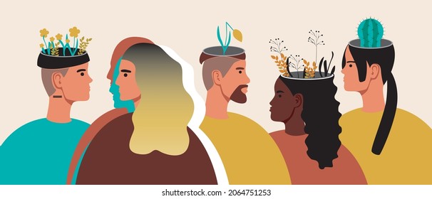 Different people, mental problems. Flat vector stock illustration. Community of people with mental disorders. Group of people, mental health. Cactus, a flower in head. Isolated illustration