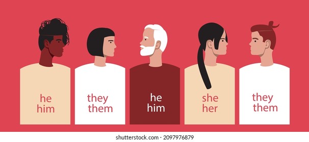 Different people, non-binary gender. Flat vector stock illustration. Gender pronouns, he, she, they. The concept of a group of non-binary people, transgender people. Vector graphics