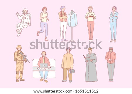 Different people occupations, set concept. People boys and girls occupated in different jobs or work. Collection of astronaut, athlete, bell boy, cashier, welder, military, priest, clothier. Labor day