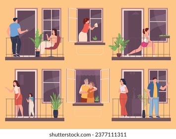 Different people on the balcony in the window. Residents of the house on the balcony are engaged in everyday activities. Neighbors in a multi-story building. Vector illustration