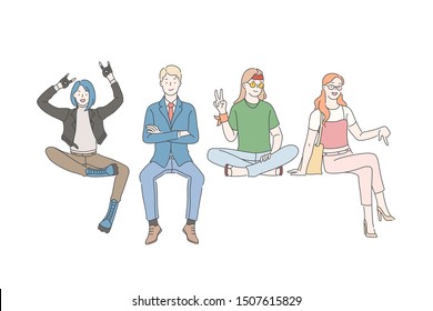 Different people on the banner concept set. Young business man, adult woman, girl punk and guy of hippie sitting on a banner, smiling and gesturing. Simple flat vector.