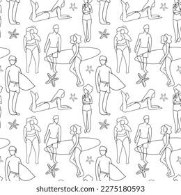 Different people on the beach seamless pattern. Cute characters are relaxing, sunbathing, reading books. Summer time, beach, vacation concept.