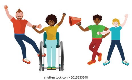 Different people on protest, riot, cartoon male and female activists illustration.