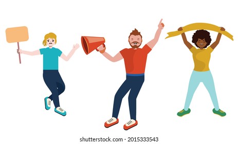 Diferentes personas en protesta, disturbios, caricatura de ilustraciones de activistas hombres y mujeres.