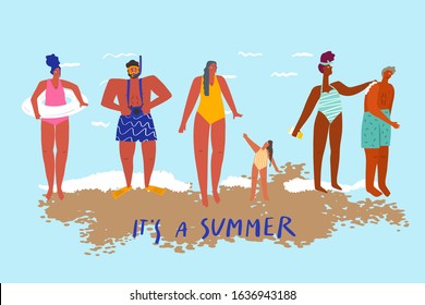 Different people on the sea shore. Beach sand and waves texture. Freehand drawn phrase: it’s summer. Vector flat illustration