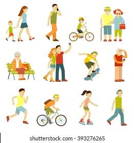 Different people in outdoors physical activity. People on the street in different activity situation - walking, cycling, running, recreation in flat style isolated on white background