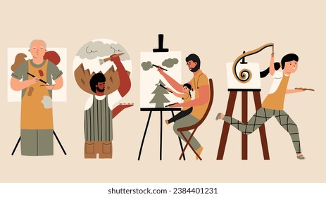Different people paint pictures. Art therapy concept. A set of creative personalities. Vector illustration in hand drawing style