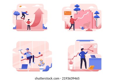 Different people planning strategy and marketing analysis to develop business towards target vector illustration set