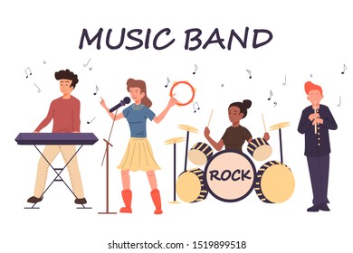 Different people playing music together in acoustic traditional music band. Flat vector illustration of music band. Keyboard, vocal, drums.