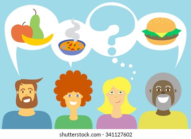 Different people prefer different food: fruits, burgers, soup. Young woman think what to choose. Vector illustration