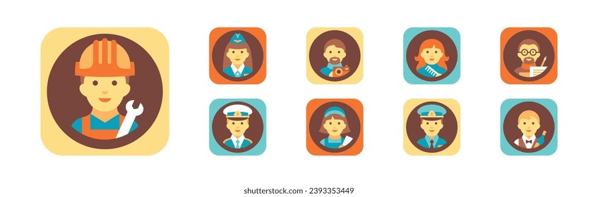 Icono de profesión de personas diferentes con conjunto de vectores de imágenes de avatar cuadrado