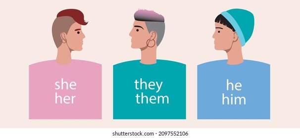 Different people, pronouns he, she, they. Flat vector stock illustration. Gender pronouns. The concept of non-binary people, transgender people, bigenders, agenders. Vector graphics