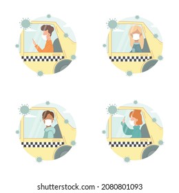 Different people in protective face mask to prevent coronavirus using taxi set. New normal content vector flat illustration isolated on white background.