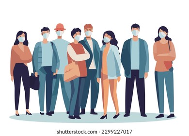 Different People in protective medical masks. Men and women wearing protection from air pollution, virus, pollutant gas emission. Flat style Vector 