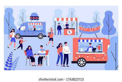 Different people relaxing on street food festival isolated flat vector illustration. Cartoon crowd walking on fair and eating in park. Summer event and vacation concept