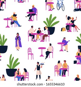 Different people relaxing at outdoor cafe sitting table seamless pattern. Various visitors of summer street coffeehouse isolated on white. Cartoon colorful person having good time at city bistro