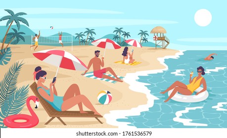 Different people resting on the tropical summer sunny beach vector illustration