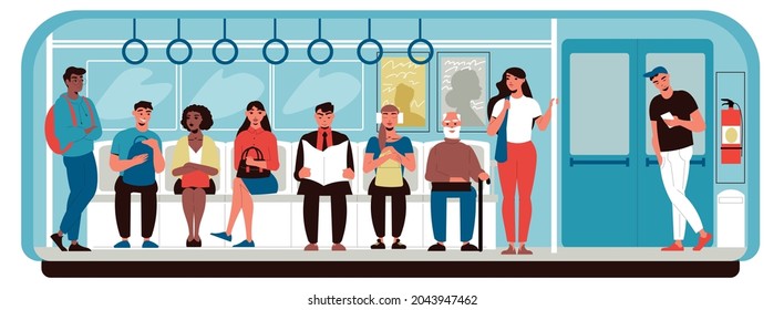 Different people ride the subway car read newspapers and look at their phones flat vector illustration