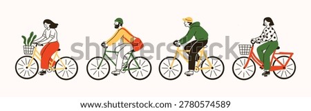 Different people riding bicycle set. Female and male in various positions. Funny simple doodle style. Cyclists in movement. Ride, cycling, bicycle, sport concept. Hand drawn modern Vector illustration