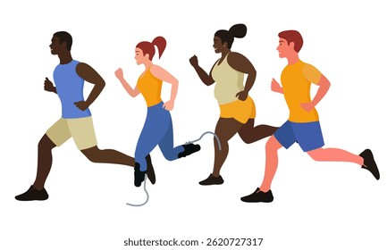 Different people run together. Workout. Flat style.