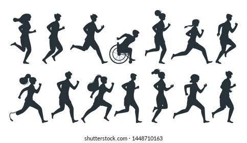 Different people running isolated vector silhouette illustration set. Equality in sports monochrome concept. Fitness hobby joggers pack, collection. Special needs sportsmen, professional athletes