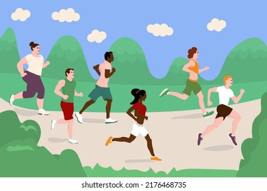 Different People Running In Park. Outdoor Physical Fitness. Flat Vector Illustration