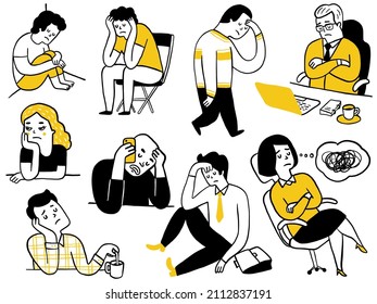 Different people in sad expression, cute doodle character design. Multiracial, diversity, man and woman, various poses, outline, hand drawn sketch, simple design.