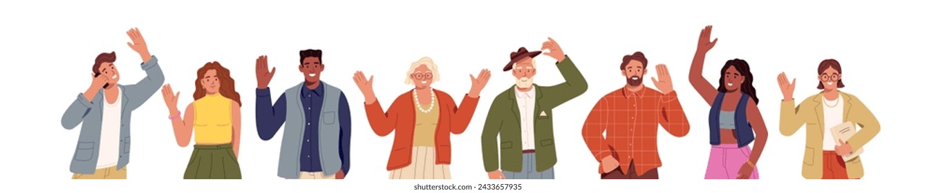 Different people say hello, hi set. Happy characters greeting, welcome or goodbye gesturing. Friendly senior does hat tip, woman arm up and waves with hand. Flat isolated vector illustration on white