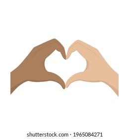 Different people share love, their hands touch in the shape of a heart. The concept of equality and unity among the diversity of human races.