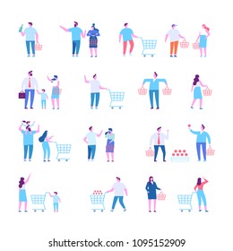 Different people shopping at mall or supermarket. Flat vector illustration isolated on white.