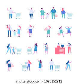 Different people shopping at mall or supermarket. Flat vector illustration isolated on white.