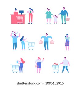 Different People Shopping At Mall Or Supermarket. Flat Vector Illustration Isolated On White.