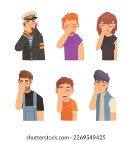 Different people showing facepalm gestures set. Men and women feeling disbelief, headache, disappointment or shame and covering their eyes with hand cartoon vector illustration