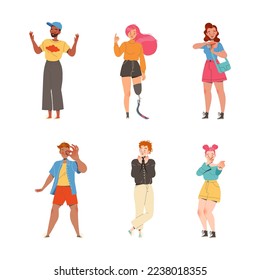 Different people showing various emotions set. Girls and guys in fashionable clothes doing different gestures cartoon vector illustration