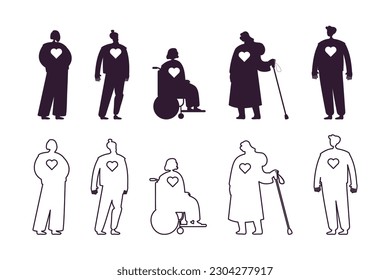 Different people silhouettes and line vector illustrations set. Drawing of outlines and silhouettes of men and women with physical disabilities. Inclusion, diversity, disability, community concept