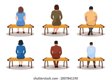 Different people sit on bench set back view. Seated thoughtful or tired man and woman relaxing, contemplating or dreaming on wooden park seat vector illustration isolated on white background