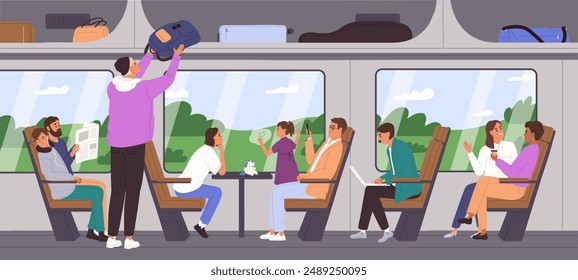 Verschiedene Leute sitzen auf Benutzern in der Kutsche. Fahrgäste fahren mit dem Zug. Eisenbahninnenraum mit Landschaft im Fenster. Männer, Frauen mit Gepäck, Laptop in Bahnfahrt. flache Vektorillustration