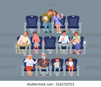 Different people sitting in cinema hall. Audience crowd viewers and spectators sitting in chair rows and watching a film. Flat Art Vector Illustration