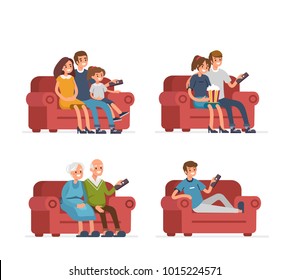 
Different people sitting on sofa and watching TV. Flat style illustration isolated on white background.