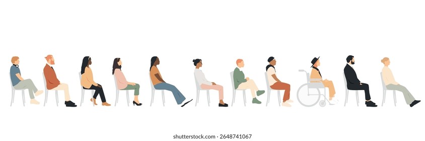 Different people sitting, side view.