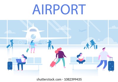 Different people sitting and walking in airport terminal. Travel concept. Infographics elements. Flat vector set.